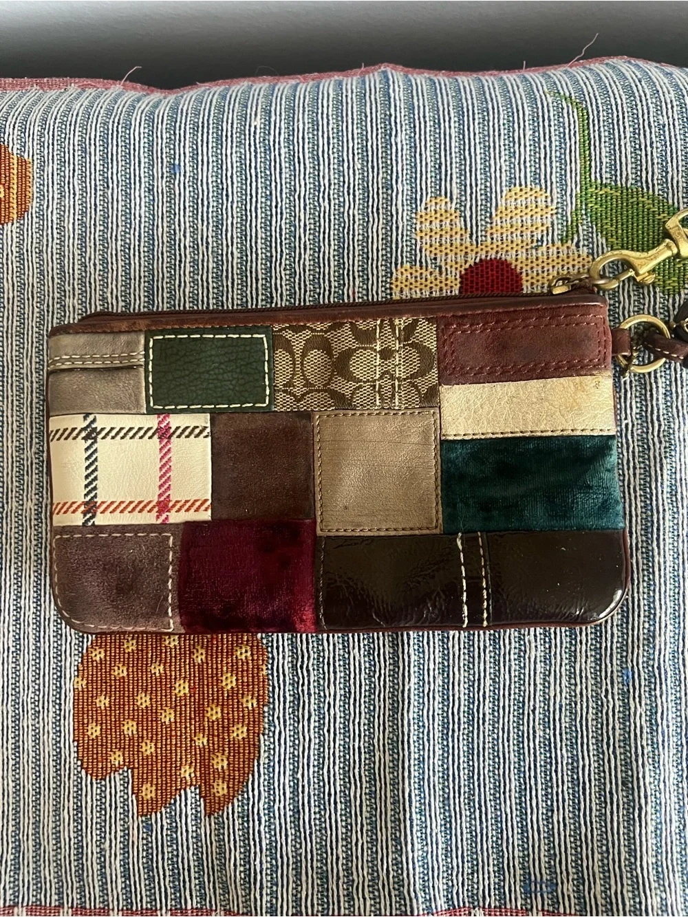 Coach Patchwork Wristlet in Burgundy, Teal, Green, Cream & Brown